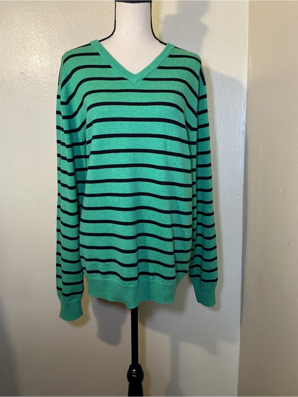 British Khaki Teal and Black Striped V-Neck Sweater Size L - Picture 6 of 7